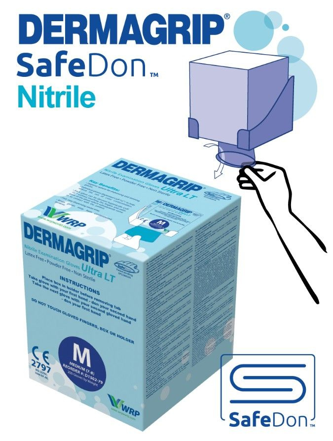 Перчатки смотровые нитриловые DERMAGRIP SAFEDON ULTRA LT NITRILE, цвет: голубой, размер M, 200 шт. (100 #1