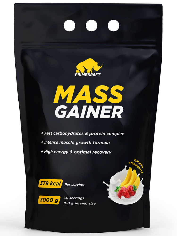 Гейнер для набора массы Prime Kraft Mass Gainer - 3000 г, клубника-банан  #1