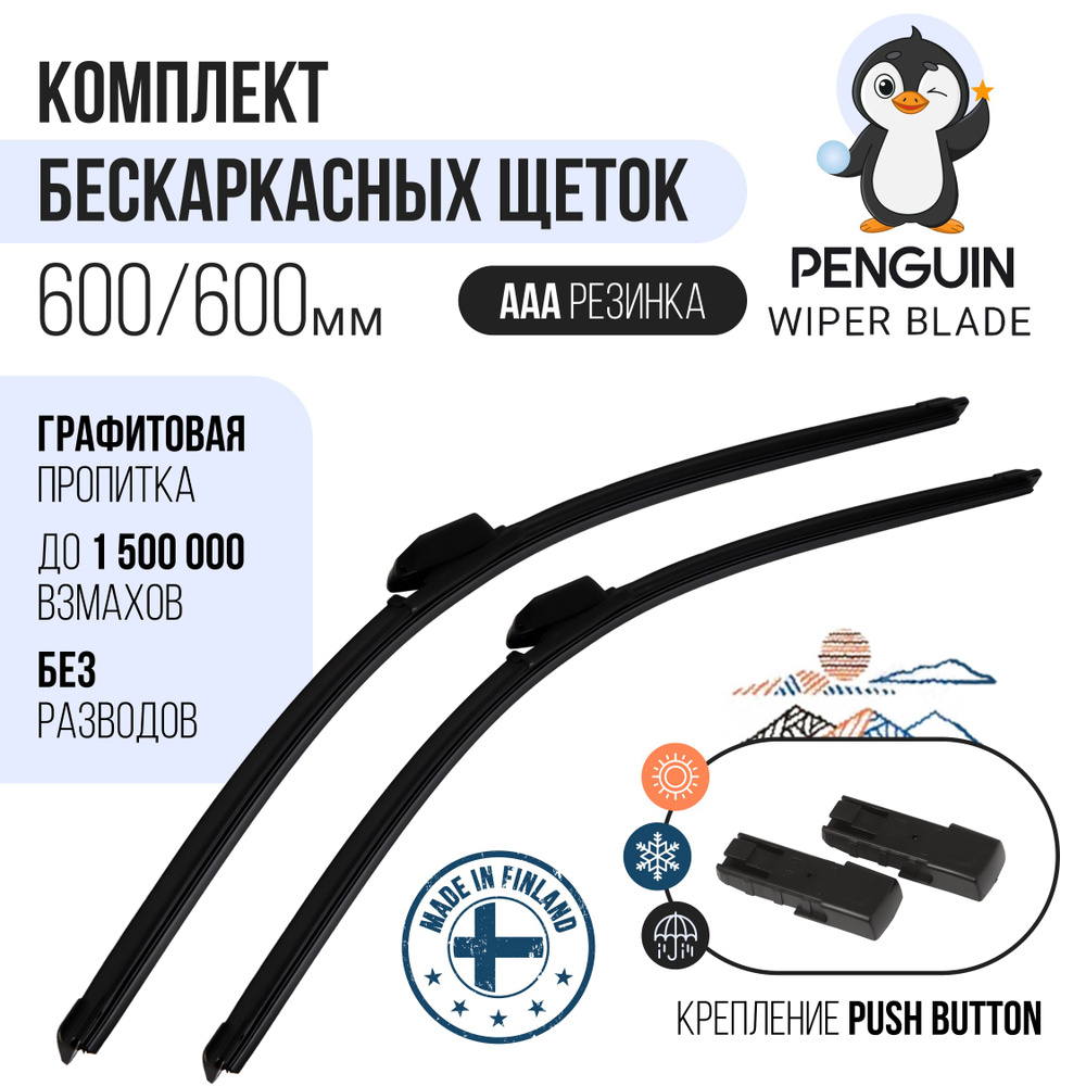 600 600 мм. Push Button 19 мм. Комплект бескаркасных щеток стеклоочистителя Penguin дворники Mercedes-Benz #1