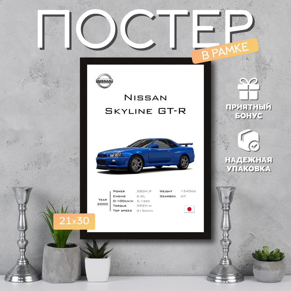 Интерьерный постер в рамке А4 Nissan Skyline GT-R / Плакат для дома, интерьера / Подарок, другу, девушке, #1