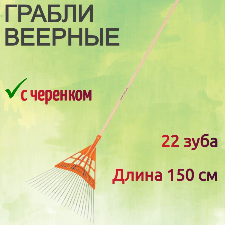 Грабли веерные 22 зуба с черенком, металлические, длина 150 см - для работы в саду, на огороде, разбивания #1