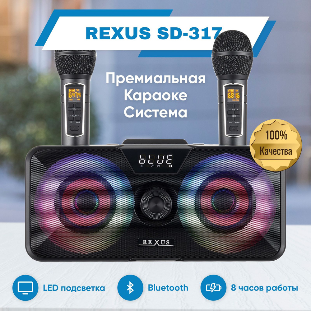 REXUS SD-317 - беспроводная караоке система с двумя микрофонами , LED подсветка, Bluetooth, AUX  #1