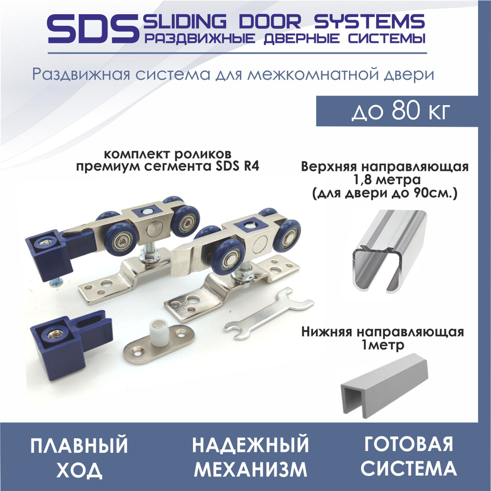 Раздвижная система для межкомнатной двери SDS Р4/1800/PRO (комплект роликов SDS Р4 + верхняя и нижняя #1