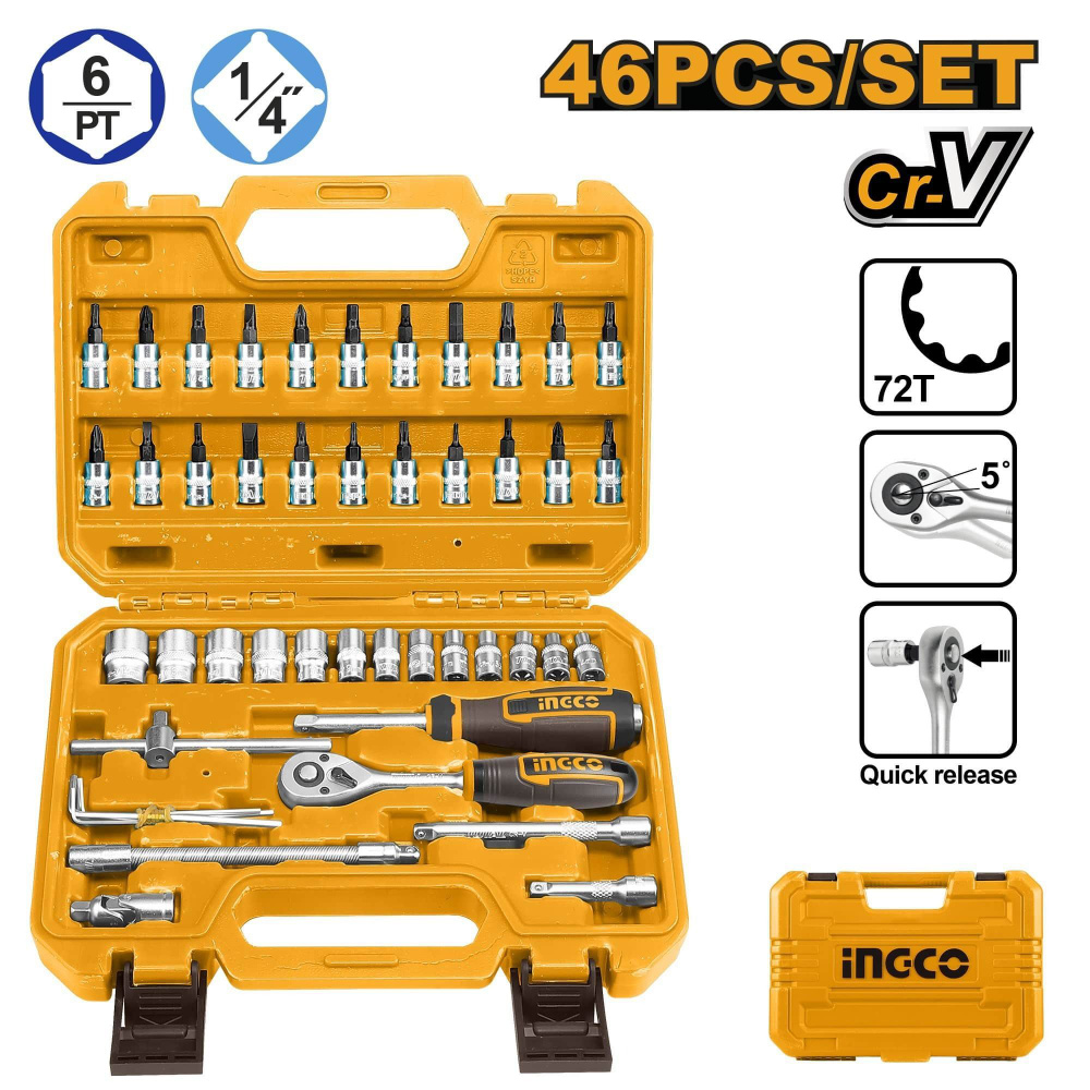 Набор головок 1/4" 46 предметов с трещоткой в кейсе INGCO SUPER HKTS14462 INDUSTRIAL  #1