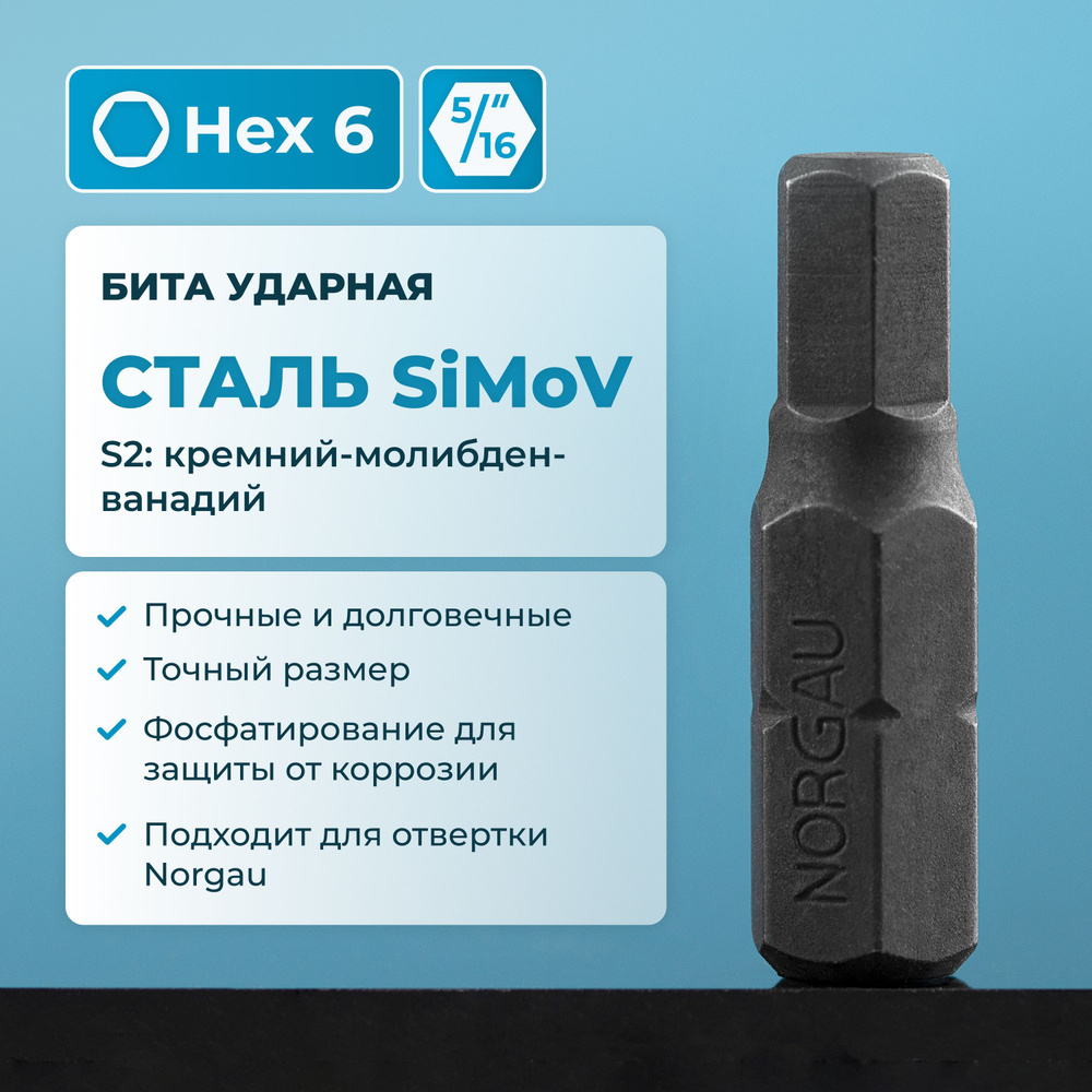 Бита ударная HEX6 NORGAU Industrial из высокопрочной SiMoV стали S2, для ударной отвертки с шестигранником #1