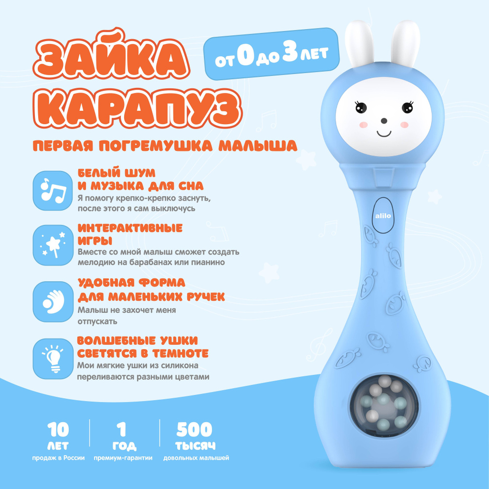 Музыкальная интерактивная игрушка погремушка Зайка-Карапуз alilo S1 для новорожденных от 0  #1