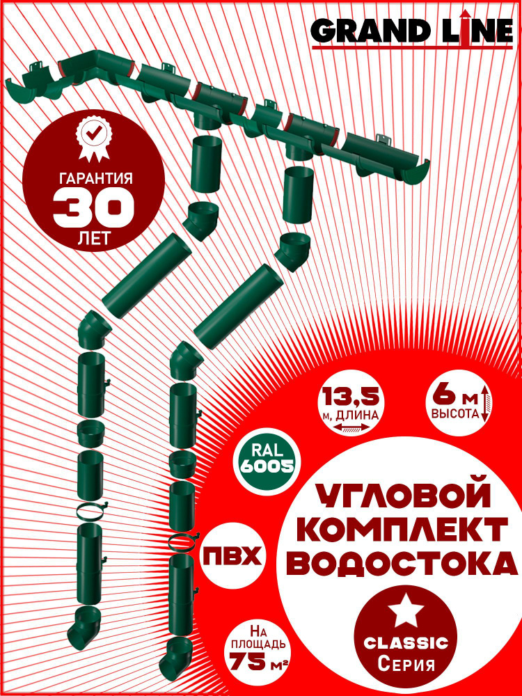 Угловой/прямой комплект водостока Grand Line на 13,5 м карниза (120мм/90мм) высота 6 м, две воронки зеленый #1