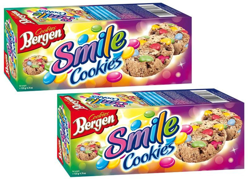 Печенье Bergen Smile Cookies, с кусочками шоколада и шоколадным драже, покрытым глазурью, 130 г х 2 шт #1