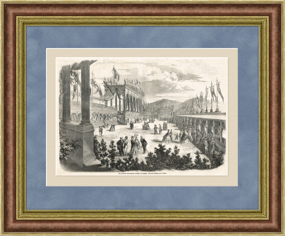 Национальный стрелковый фестиваль в Турине, 1863 г., старинная гравюра  #1