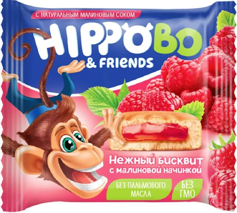 Бисквитное пирожное HIPPO BO & friends с малиновой начинкой, 12шт по 32 г  #1