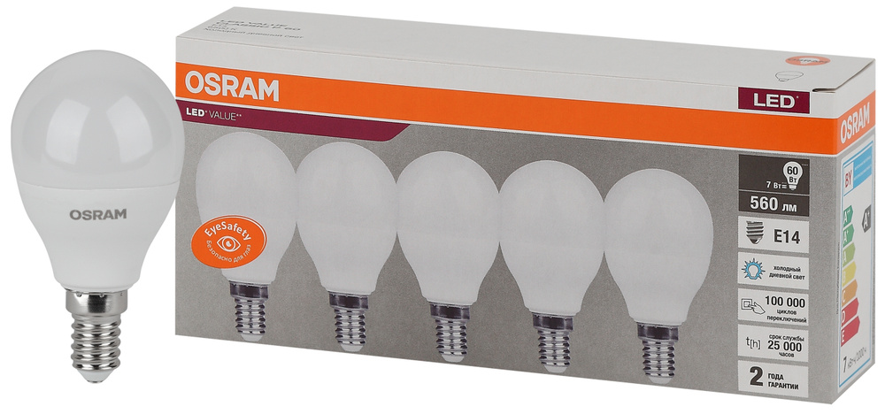 Лампочка светодиодная OSRAM, E14, 7Вт (аналог 60Вт), ШАР (колба P), Холодный белый свет, 5 шт.  #1