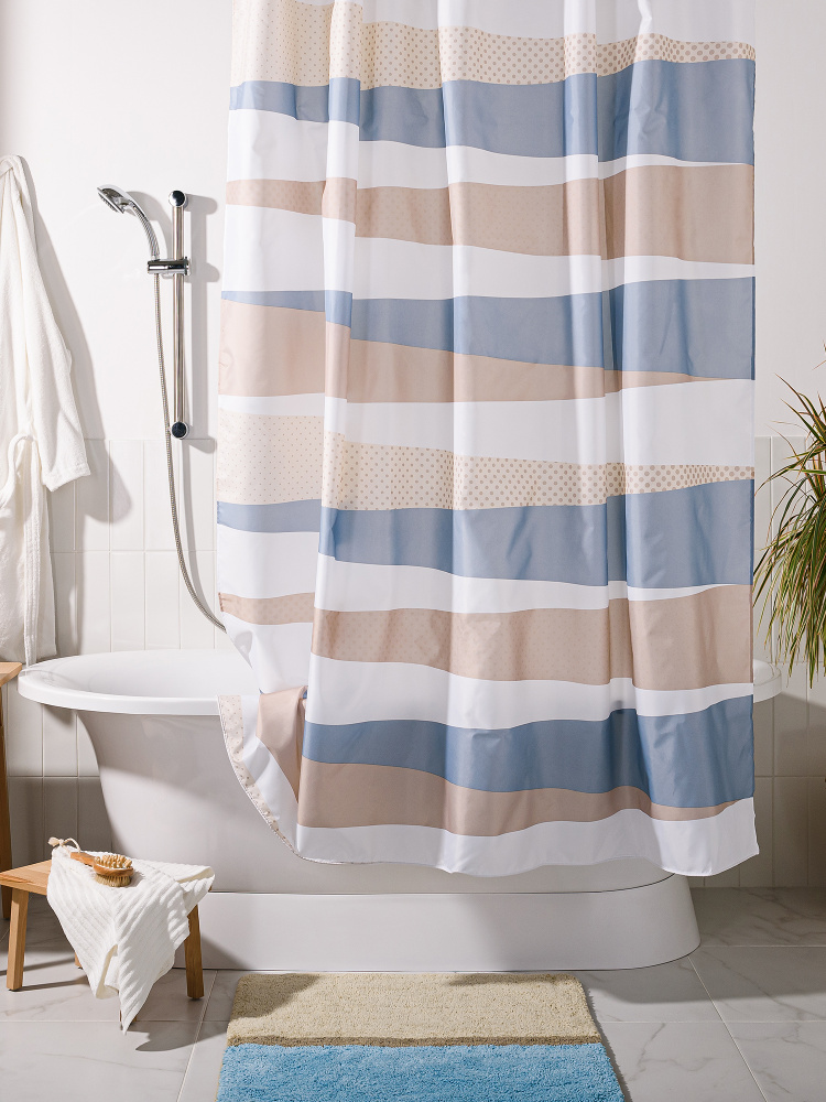 Занавеска (штора) Elpoa для ванной комнаты тканевая 180х200 (шхв)см., цвет бежевый и синий  #1