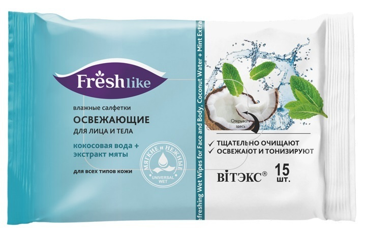 Витэкс Влажные салфетки FRESH LIKE освежающие для лица и тела косовая вода и мята 15шт  #1