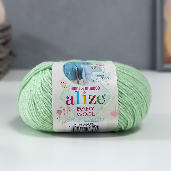 Пряжа для вязания Alize "Baby Wool" 40% шерсть, 40% акрил, 20% бамбук 175м/50гр, 188 светло-зелёный  #1