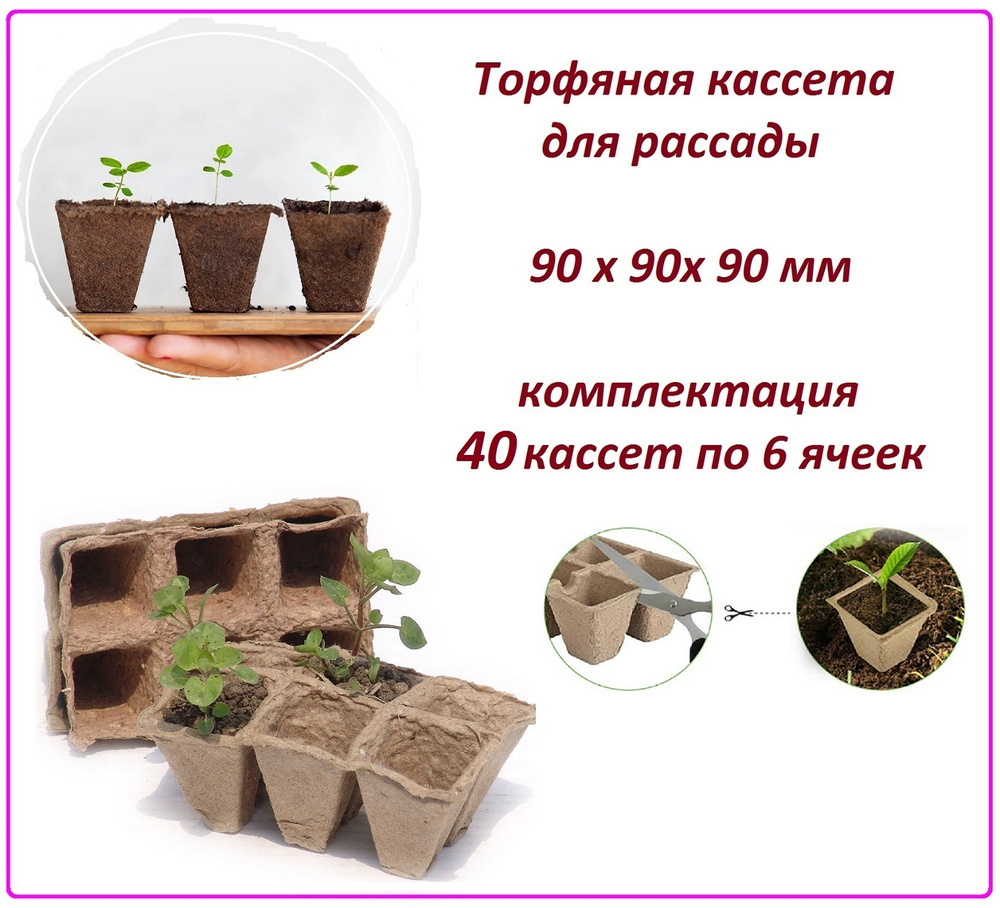 Торфяная кассета 40 штук 6 ячеек 90 х 90 х 90 мм, для выращивания рассады всех видов садовых и комнатных #1