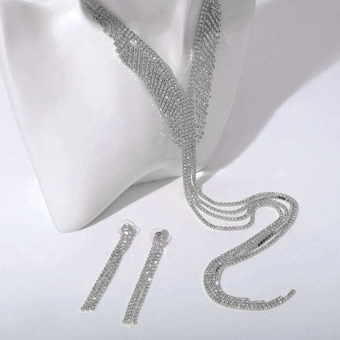 Набор 2 предмета: серьги, колье Лёд дорожка с лесенкой, цвет белый в серебре, 39 см  #1