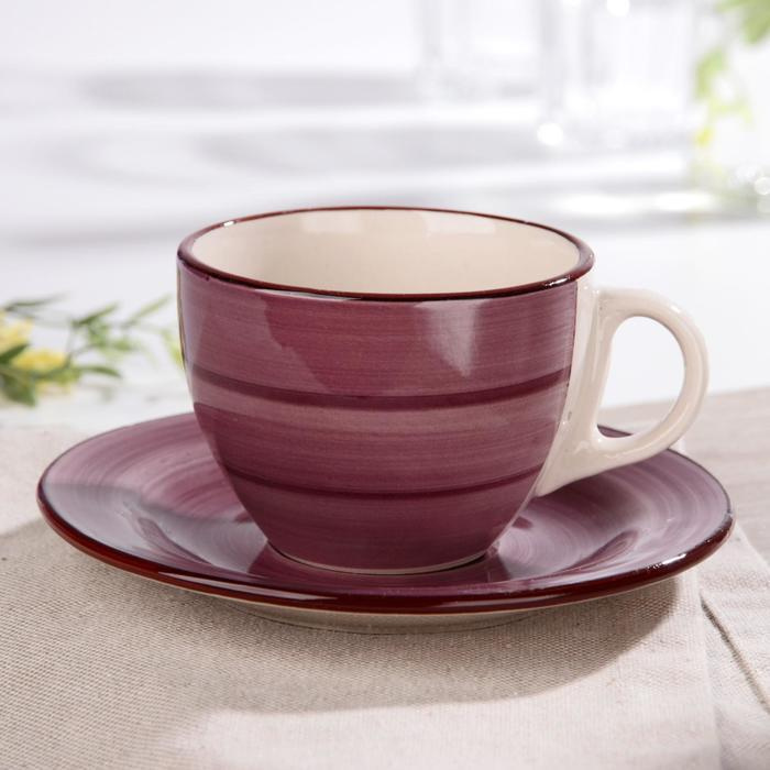 Чайная пара керамическая "Морской мир", чашка 200 мл, блюдце d:14,5 см, цвет бордовый  #1