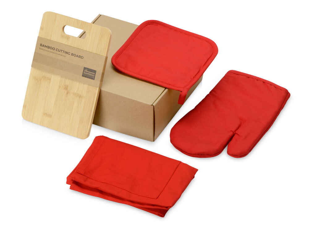 Подарочный набор "Brand Chef Plus": разделочная доска, фартук, прихватка, рукавица, цвет красный  #1