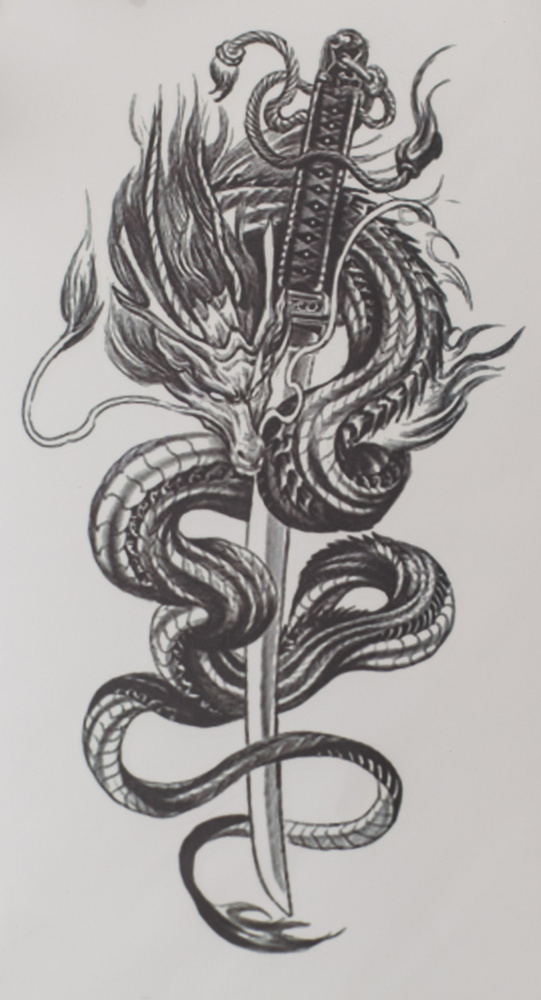 Татуха-муха , Дракон на катане , временная татуировка , 12х21 см  #1