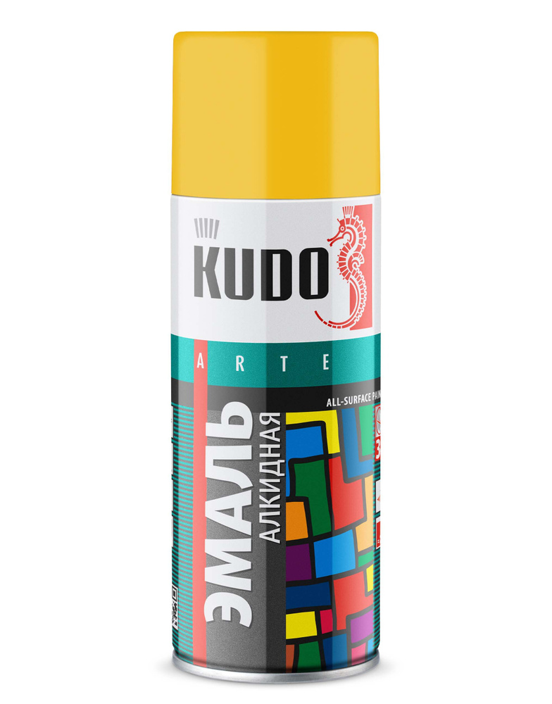 Аэрозольная краска в баллончике KUDO, алкидная, быстросохнущая, глянцевое покрытие, желтый RAL 1018, #1