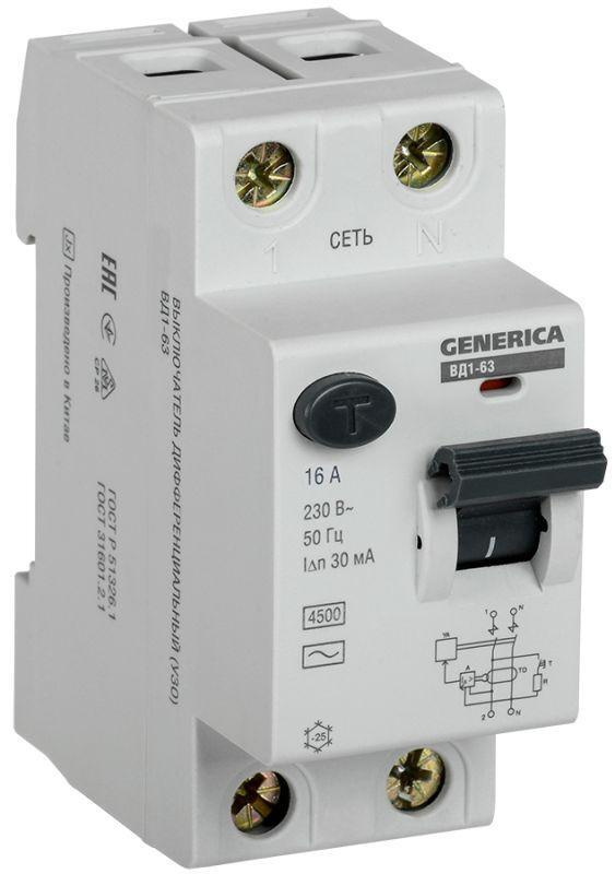 Выключатель дифференциального тока (УЗО) 2п 16А 30мА тип AC ВД1-63 GENERICA MDV15-2-016-030  #1