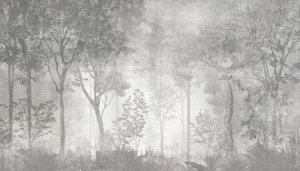 Фотообои флизелиновые на стену 3д GrandPik 26027 Лофт "Лес, деревья в тумане, винтаж, серые" (ШхВ), 420х240 #1