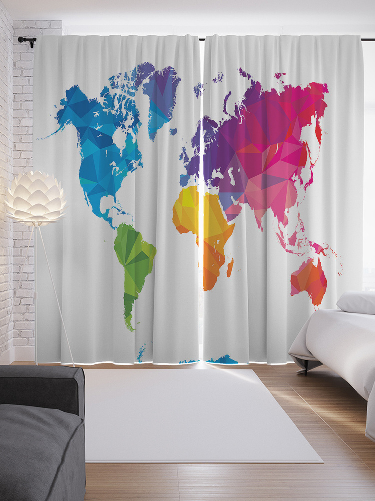 Фотошторы для кухни и спальни JoyArty "Акварельная карта мира", 2 полотна со шторной лентой шириной по #1
