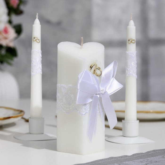 Свечи свадебные "Кружевной с бантиком" белый: домашний очаг 6,8х15см, родительские 1,8х17,5см  #1