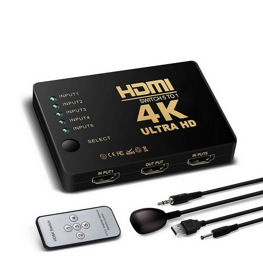Адаптер-переключатель (свитч) 5x1 HDMI, UltraHD 4K 3D, пульт, внешний ИК-датчик, активный, черный  #1