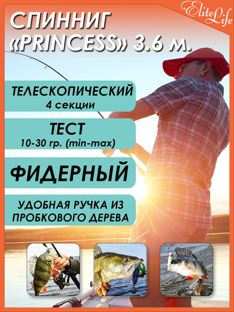 Спиннинг рыболовный для летней рыбалки, телескопический WEI-006 PRINCESS, 3,6м, test 10-30 гр., короткого #1