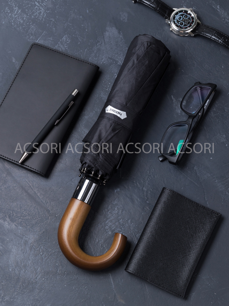 Зонт мужской автомат Parachase с деревянной ручкой крючком / зонтик мужской автоматический с ручкой крючком #1