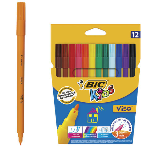 Фломастеры BIC "Kids Visa", 12 ЦВЕТОВ, суперсмываемые, вентилируемый колпачок, европодвес  #1