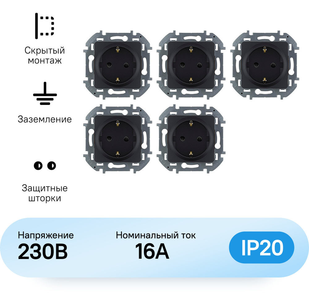 Механизм розетки Legrand Inspiria с заземлением со шторками антрацит (комплект из 5 шт)  #1