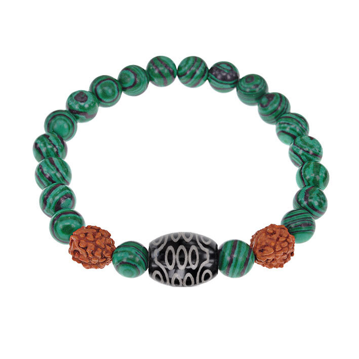 Буддийский браслет с Тибетской бусиной Дзи 21 глаз, натуральной рудракшей и камнем Малахит, диаметр бусин #1