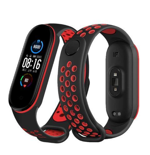 Силиконовый ремешок для фитнес браслета Xiaomi Mi Band 5 и Mi Band 6/7 , чёрный с красными отверстиями #1