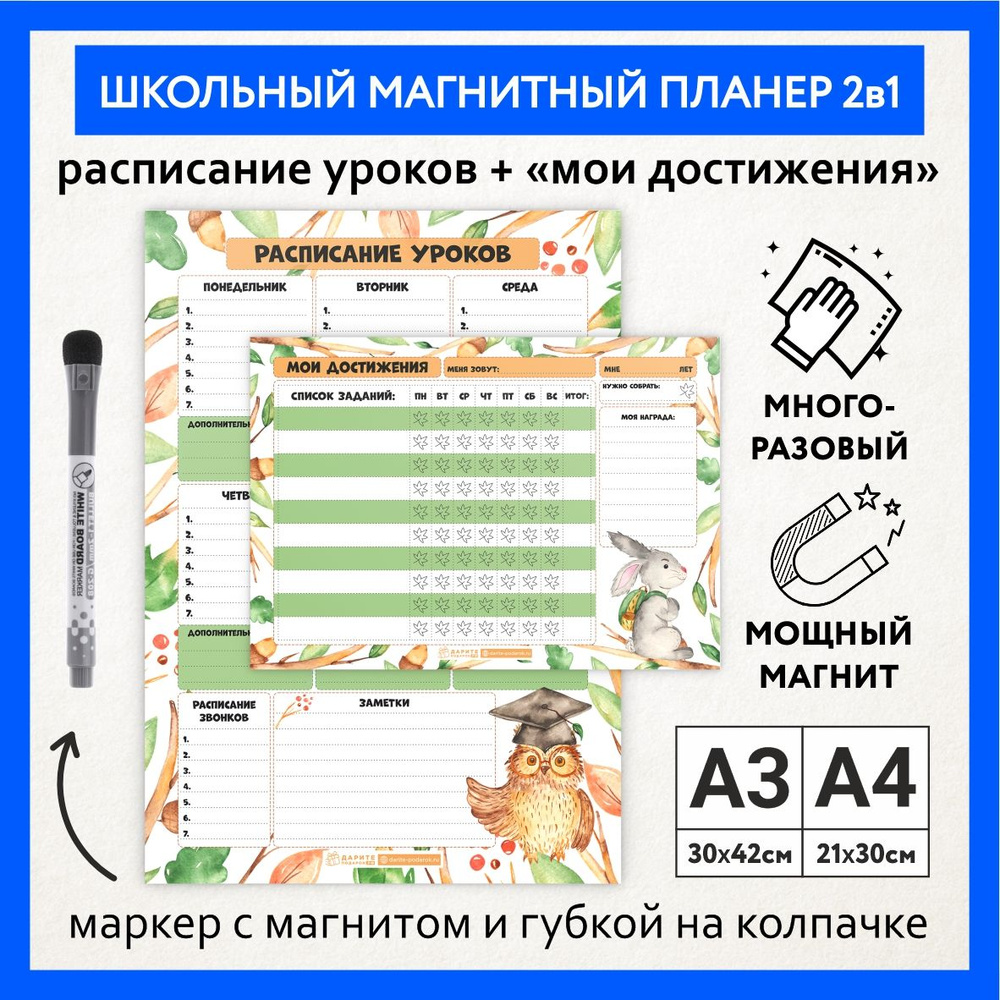 Магнитный мотиватор 2в1, расписание уроков А3, мои достижения А4, планер на холодильник многоразовый #1