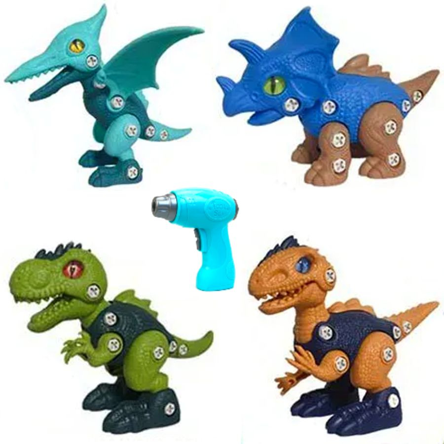 Детский развивающий конструктор, 4 динозавра на шурупах, отвёртка, шуруповёрт, динозавр-конструктор, #1