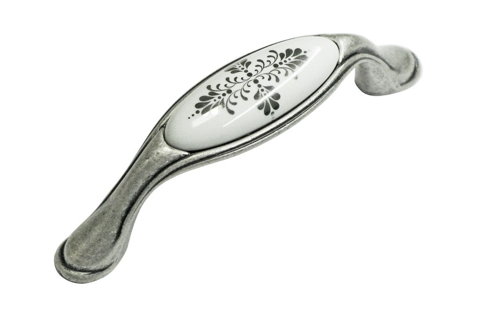 Ручка скоба мебельная Giusti Италия 96 мм, старое серебро глянец, белый фарфор, серебряный узор M77  #1