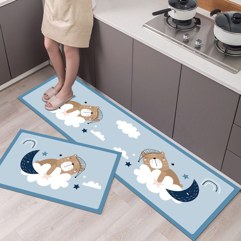 Напольный коврик прорезиненный (набор 2шт) 40x120 и 40x60 см. рисунок Мишка на облаке / Кухонный ковёр #1