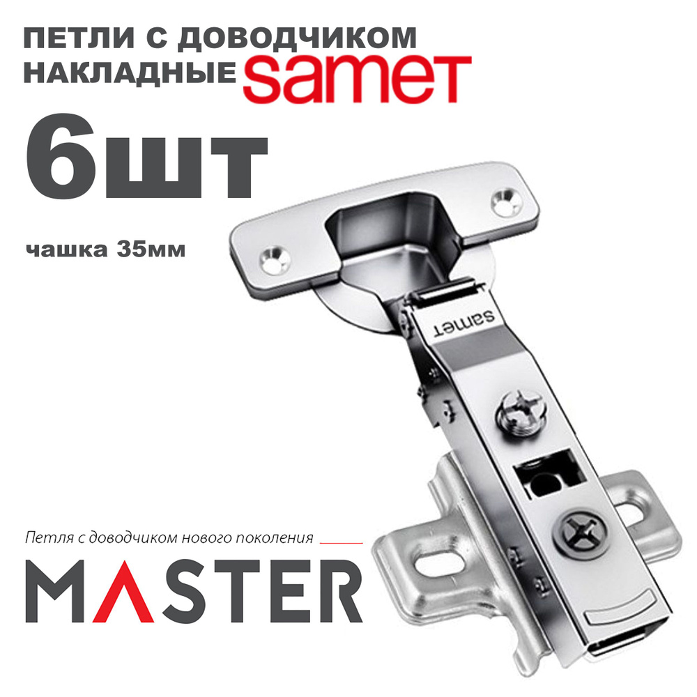 Петля мебельная Samet Master накладная с доводчиком открывание 110 градусов + монтажная планка / Комплект #1