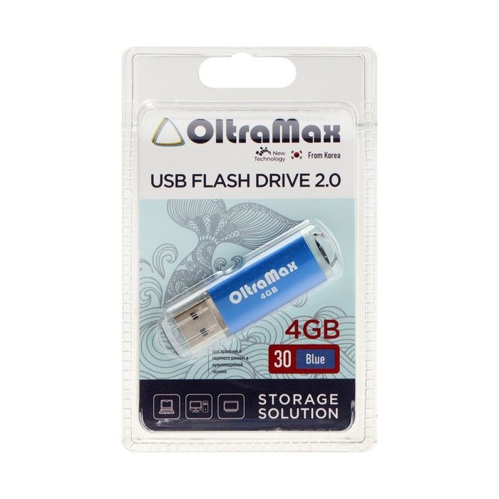 Флешка OltraMax 30, 4 Гб, USB2.0, чт до 15 Мб/с, зап до 8 Мб/с, синяя #1