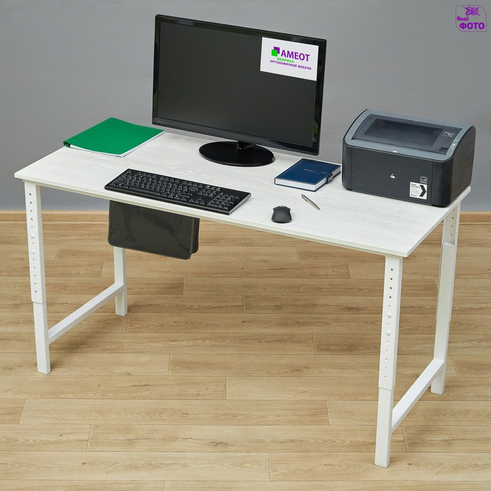 Компьютерный стол регулируемый по высоте Мадий 12CW ш138/г60/в61-91 сосна битон белый на металлокаркасе #1