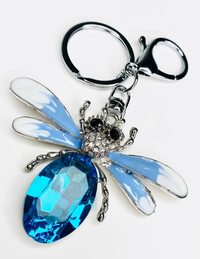 Брелок с карабином для ключей для сумки, большой серебристый брелок с крупным камнем, голубая стрекоза #1