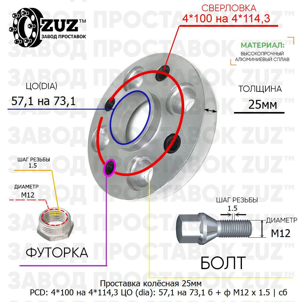 Проставка колёсная 1 шт 25мм 4*100 на 4*114,3 ЦО 57,1 на 73,1 Крепёж в комплекте Болт + Футорка М12*1,5 #1