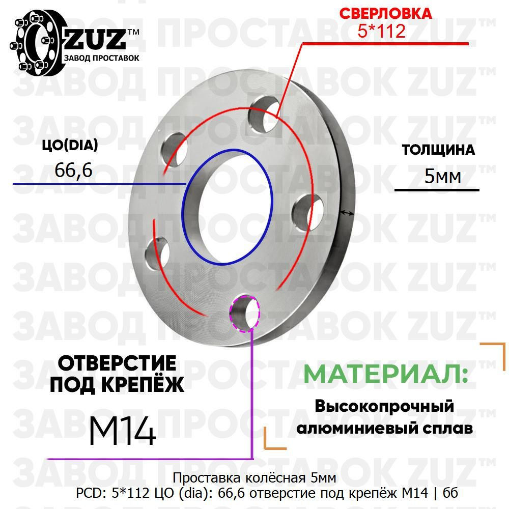 Проставка колёсная 5мм 5*112 ЦО 66,6 отверстие под крепёж М14 ступичная без бортика для дисков на ступицу #1