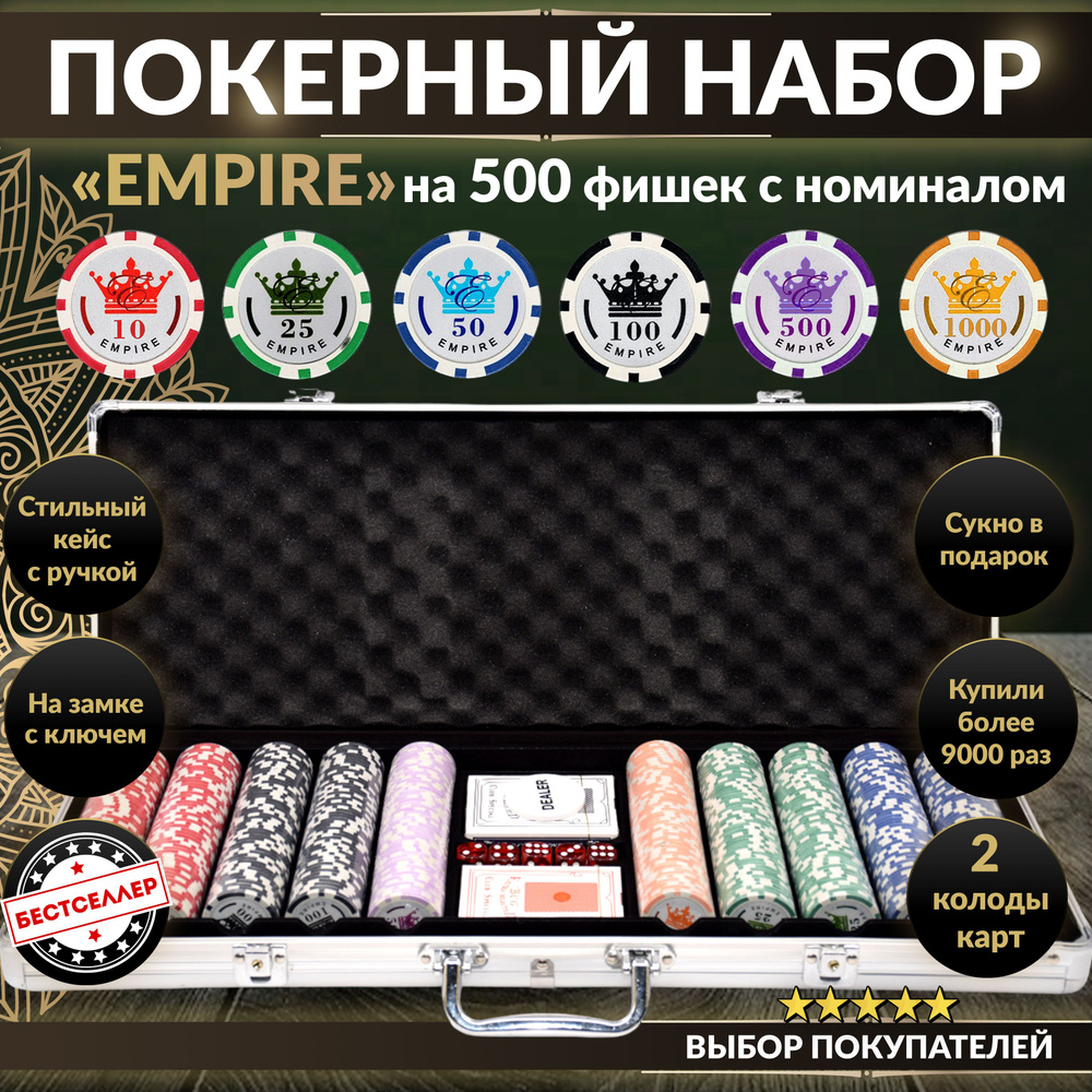 Покерный набор Empire, 500 фишек 11.5г, с номиналом, в алюминиевом кейсе , Сукно в подарок , Премиум #1