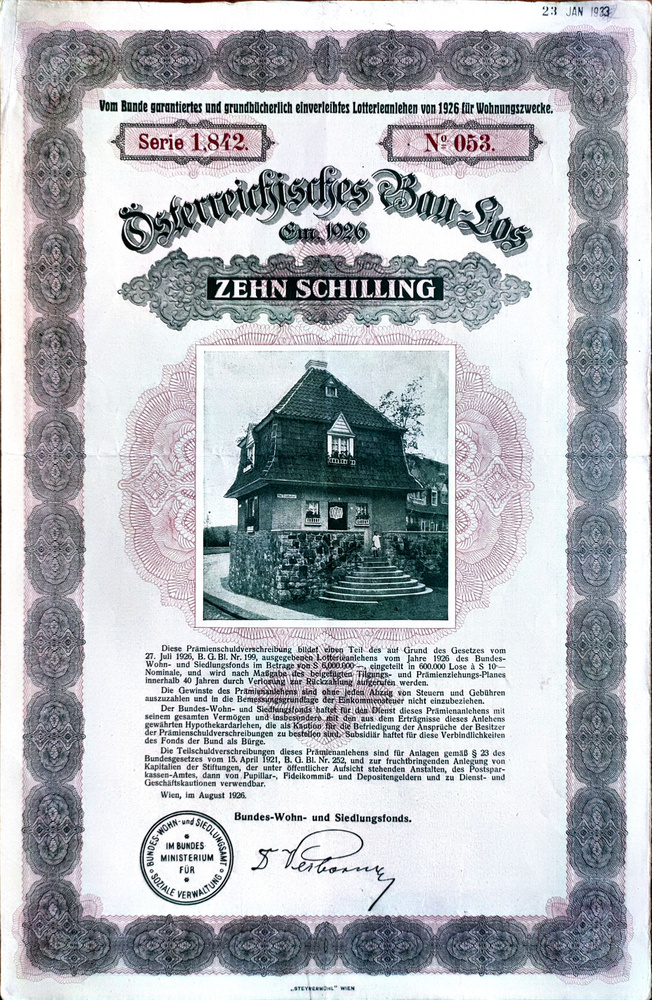 Австрийский строительный фонд. Лотерейная ссуда 1926 года в 10 шиллингов.  #1