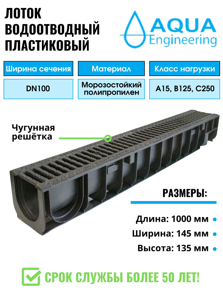 Лоток водоотводный пластиковый, дренажный, с чугунной решёткой, 1000x145x135 мм.  #1