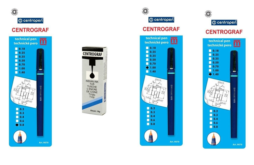 Рапидограф Centropen, 3 штуки 0,8; 1 и 1,4 мм. + Тушь черная с капельницей  #1