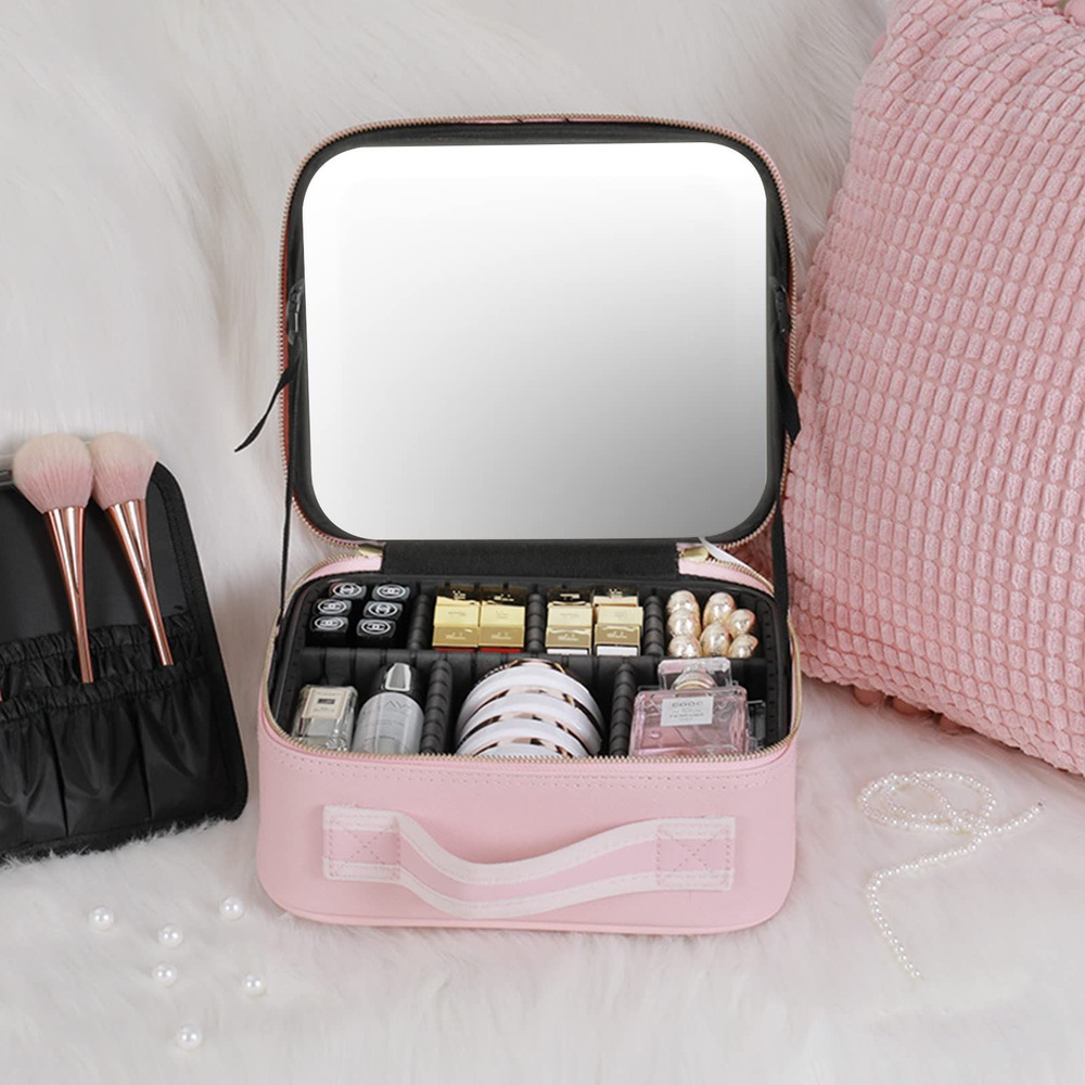 Дорожный чемодан для макияжа с большим зеркалом с подсветкой -  с .